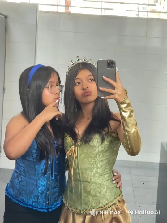 Girls in Costumes Affectionately Kiss in Mirror – AI Generated Video | Hailuo AI