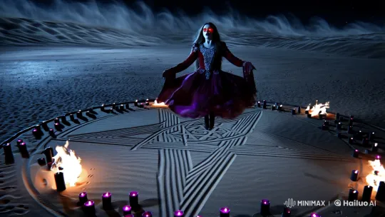 Desert Ritual: Woman Levitates Over Pentagram as Demon Emerges – AI Generated Video | Hailuo AI