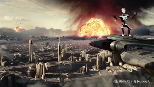 Futuristic City Destroyed by Droid in Hyper-Realistic Chase – AI Generated Video | Hailuo AI