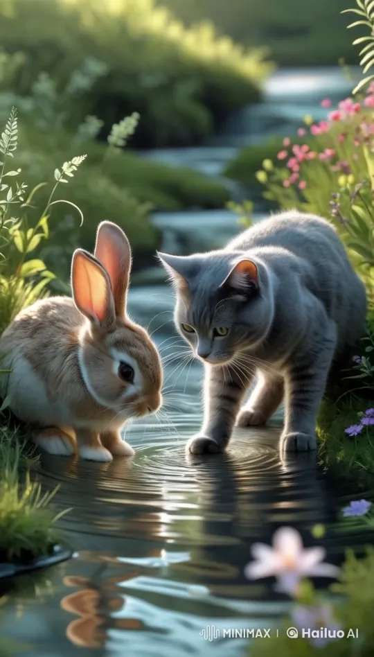 Curious Cat and Rabbit Watch as a Dollar Emerges from the Water – AI Generated Video | Hailuo AI