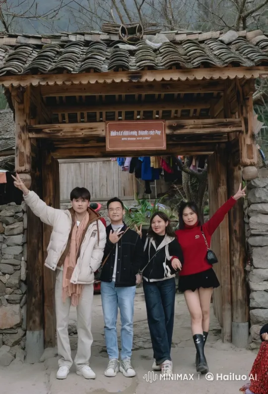 Four Individuals Perform Energetic Kung Fu at Traditional Gate – AI Generated Video | Hailuo AI