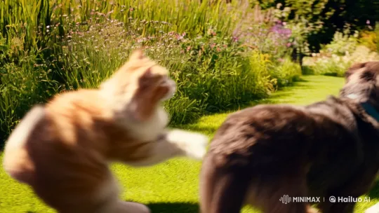Feline-Canine Conflict in Sunlit Garden – AI Generated Video | Hailuo AI