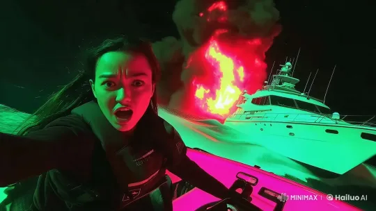Thrilling Escape: Woman Evades Burning Yacht in Live2D – AI Generated Video | Hailuo AI