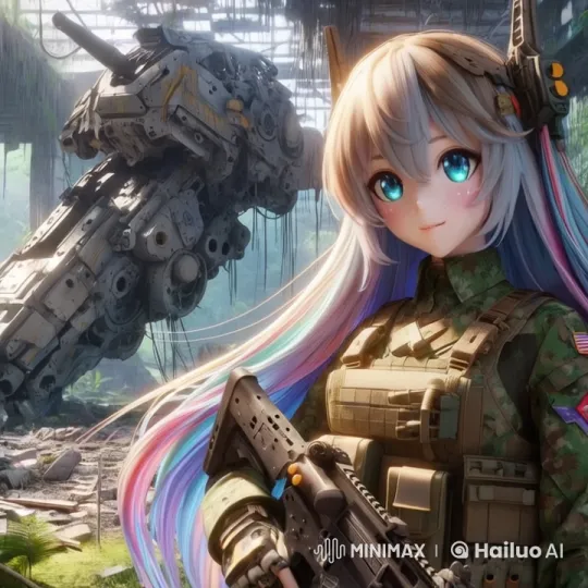 Female Officer in Camouflage Stands Amidst Wreckage of ZAKU in Rainforest – AI Generated Video | Hailuo AI