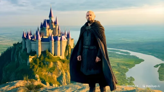 Epic Fantasy: Bearded Hero on Mountain with Majestic Castle – AI Generated Video | Hailuo AI