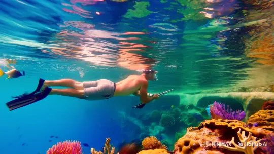 Diver Hunts Prey in Vibrant Underwater Paradise – AI Generated Video | Hailuo AI