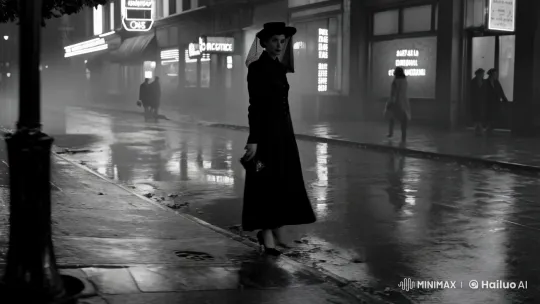 Noir-Inspired Tracking Shot of a Mysterious Woman – AI Generated Video | Hailuo AI