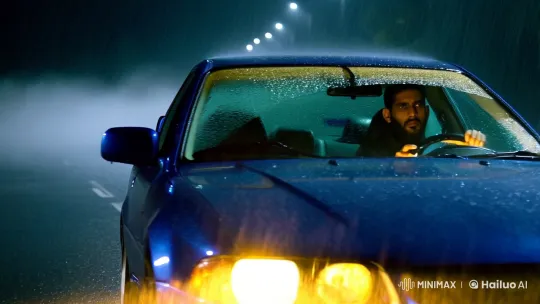 Night Drive: A Man's Tense Journey Through Storm – AI Generated Video | Hailuo AI