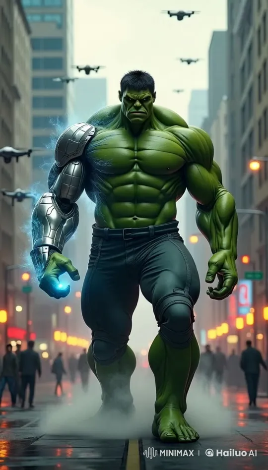 Muscular Green Figure Walks City Street with Purpose – AI Generated Video | Hailuo AI