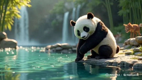 Cute Panda by Tranquil Pond with Waterfalls and Deer – AI Generated Video | Hailuo AI