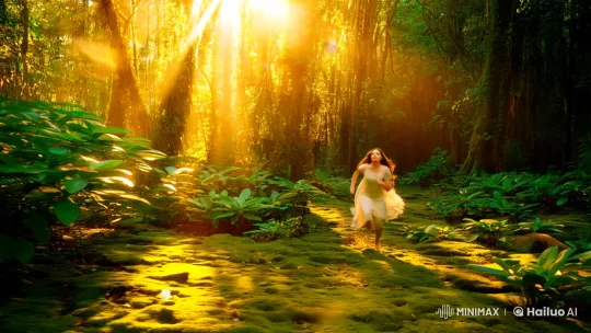 Woman Running Through Lush Forest to Waterfall – AI Generated Video | Hailuo AI