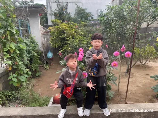 Boys in Hoodies Display Imaginary Kung Fu in Garden – AI Generated Video | Hailuo AI