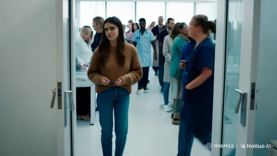 Young Patient Navigates Bustling Clinic After Doctor's Visit – AI Generated Video | Hailuo AI