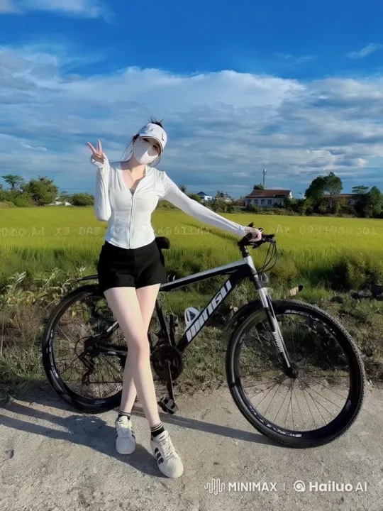 Young Woman Poses with Bicycle in Serene Countryside – AI Generated Video | Hailuo AI