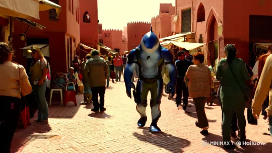 Cyberpunk Alien Shark in Marrakech's Souk Amidst Fearful Onlookers – AI Generated Video | Hailuo AI