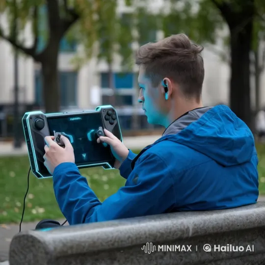 Man Playing Game on Console in Urban Park – AI Generated Video | Hailuo AI