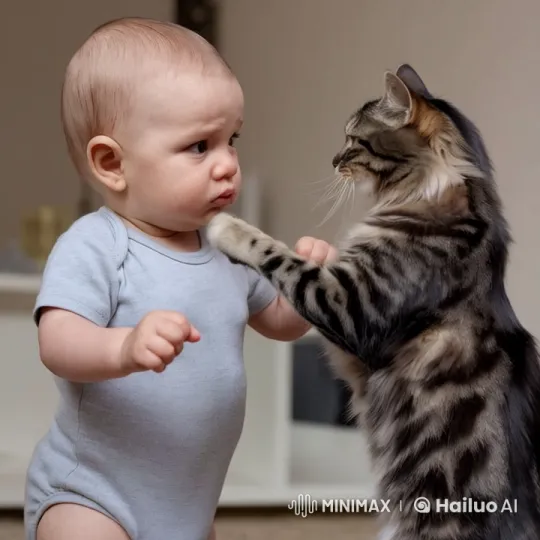 Baby and Cat Playfully Face Off in Cozy Room – AI Generated Video | Hailuo AI