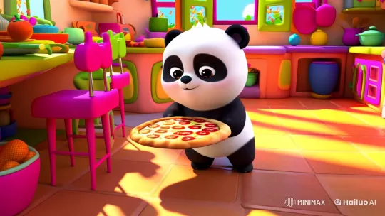 Baby Panda Shares Pizza in Colorful Cartoon Kitchen – AI Generated Video | Hailuo AI