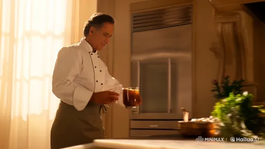Chef Crafts Caramel Iced Tea in Sunlit Kitchen – AI Generated Video | Hailuo AI