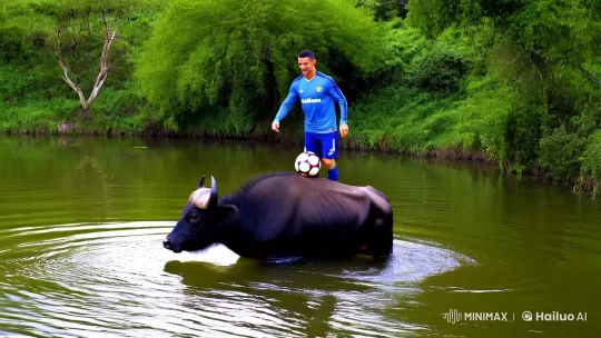 Cristiano Ronaldo Plays Football on Buffalo in Tranquil Pond – AI Generated Video | Hailuo AI