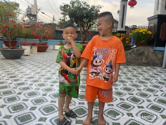 Boys Engage in Playful Fight in Colorful Courtyard – AI Generated Video | Hailuo AI