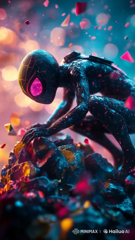 Alien Spider-Girl Examines Glowing Ore in Mystical Setting – AI Generated Video | Hailuo AI