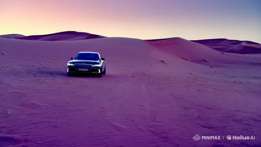 Luxurious Sedan's Journey Through Purple Desert at Sunset – AI Generated Video | Hailuo AI