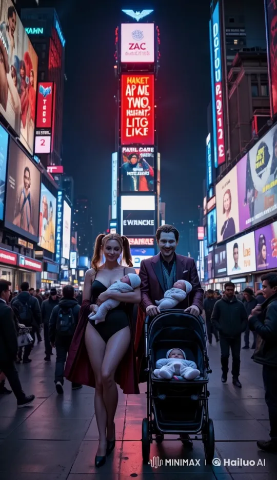 Times Square Stroll: Couple with Babies in Nighttime Animation – AI Generated Video | Hailuo AI