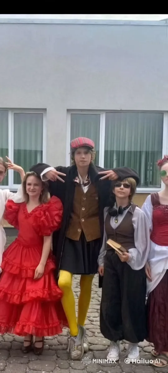 Vibrant Costumed Group Poses Outside Building – AI Generated Video | Hailuo AI