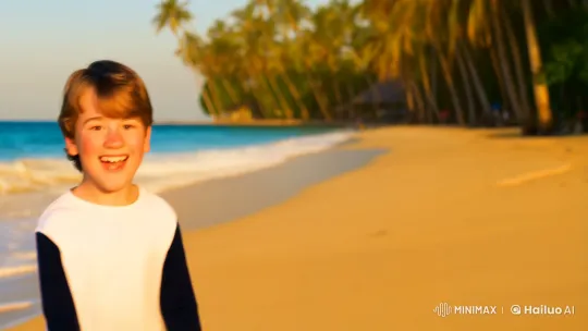 Boy Leaps into Flight on Tropical Beach at Sunset – AI Generated Video | Hailuo AI