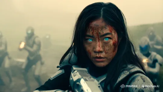 Asian Warrior's Resolute Gaze in Futuristic Battlefield – AI Generated Video | Hailuo AI