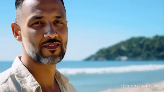 Reflective Man on a Sunlit Beach – AI Generated Video | Hailuo AI