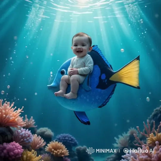 Baby Rides Majestic Blue Tang in Enchanted Underwater Scene – AI Generated Video | Hailuo AI