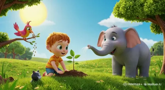 Boy, Elephant, Bird, and Kitten Nurture Plant in Meadow – AI Generated Video | Hailuo AI