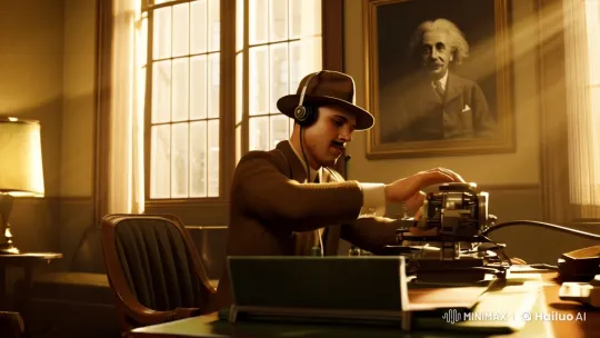 1930s Office Scene: Man Adjusts Device in Aesthetic Light – AI Generated Video | Hailuo AI