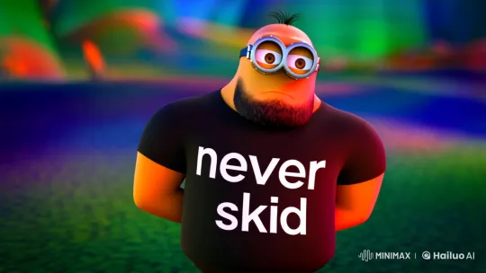Muscular Minion Showcases 'Never Skid' in Surreal Landscape – AI Generated Video | Hailuo AI