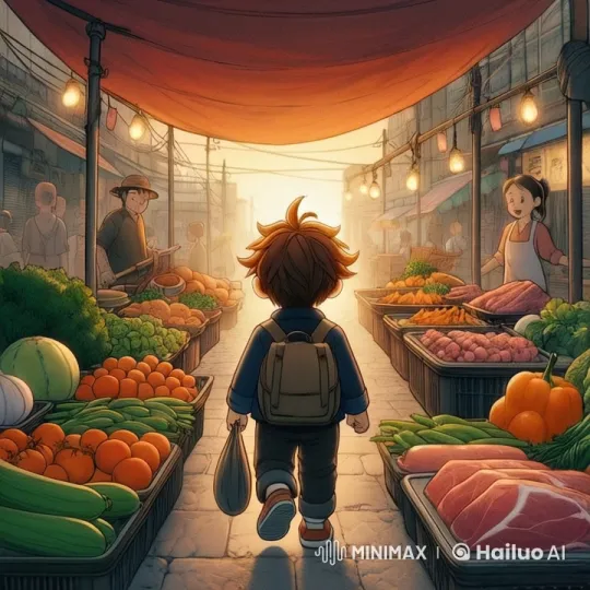 Red-haired Boy Walks Through Colorful Evening Market – AI Generated Video | Hailuo AI