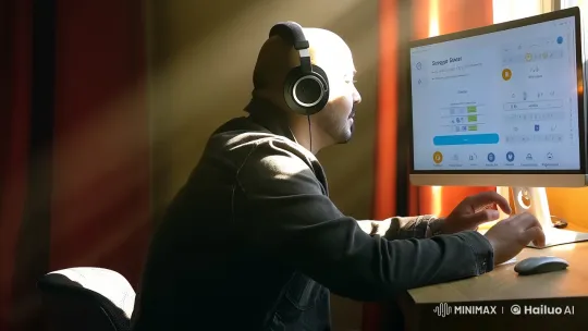 Focused Man Working on Computer in Serene Room – AI Generated Video | Hailuo AI