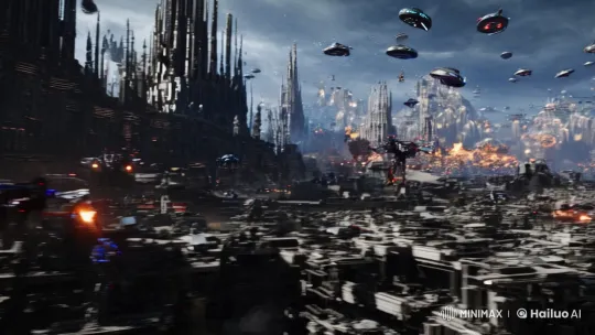 Dystopian War: Futuristic Cityscape in Chaos – AI Generated Video | Hailuo AI