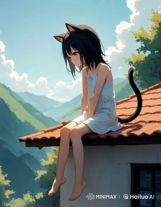 Cat-Eared Girl Meditates on a Red Roof Amidst Serene Hillscape – AI Generated Video | Hailuo AI