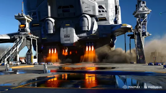 Metallic Spaceship Launches from Dusty Spaceport – AI Generated Video | Hailuo AI