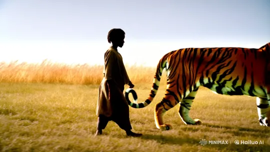 Human and Tiger's Graceful Journey Through Savannah – AI Generated Video | Hailuo AI
