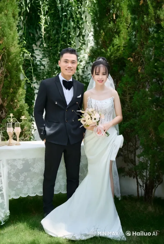 Wedding Couple in Garden Showcases Elegant Forms – AI Generated Video | Hailuo AI