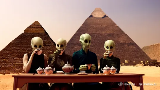 Aliens Sip Tea Amidst Pyramids in Aesthetic Scene – AI Generated Video | Hailuo AI