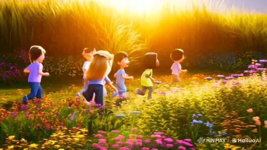 Children's Joyful Play in a Sunlit Meadow – AI Generated Video | Hailuo AI