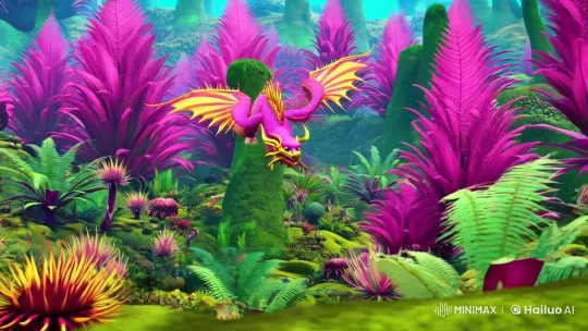 Pink Dragon Soars Over Primal Forest with Elephant Chase – AI Generated Video | Hailuo AI