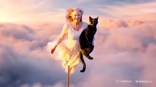 Magical Woman and Cat Fly Through Enchanted Sky – AI Generated Video | Hailuo AI