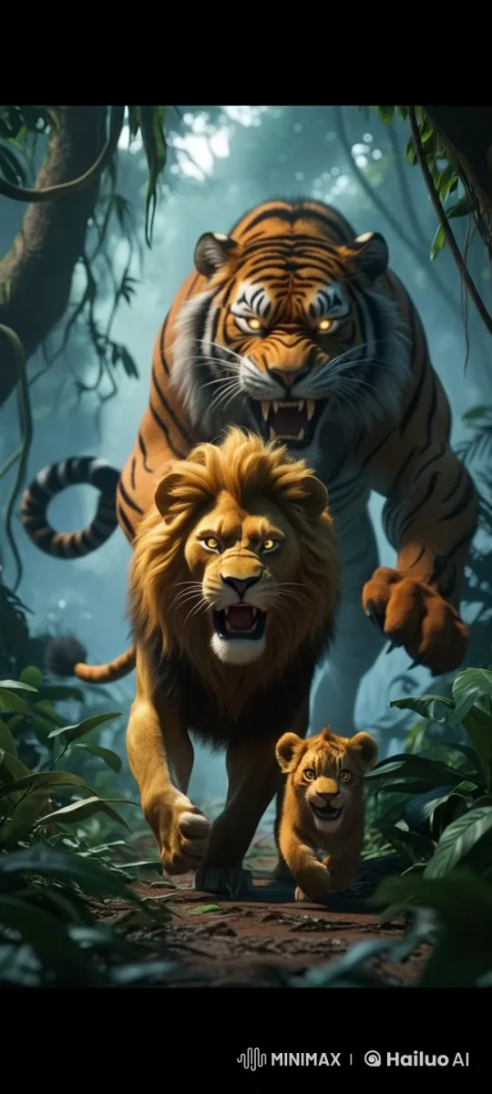 Lioness and Cub Flee Through Jungle with Tiger in Pursuit – AI Generated Video | Hailuo AI
