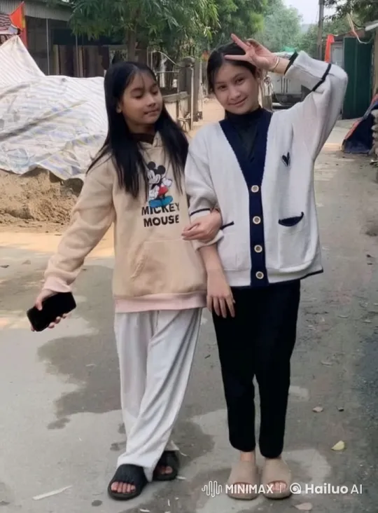 Girls in Casual Outfits Pose on Rural Street – AI Generated Video | Hailuo AI