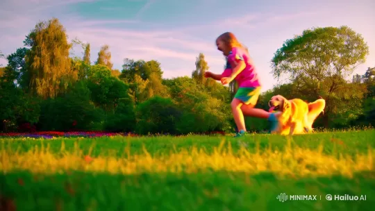 Joyful Child and Dog Play in Golden Park – AI Generated Video | Hailuo AI